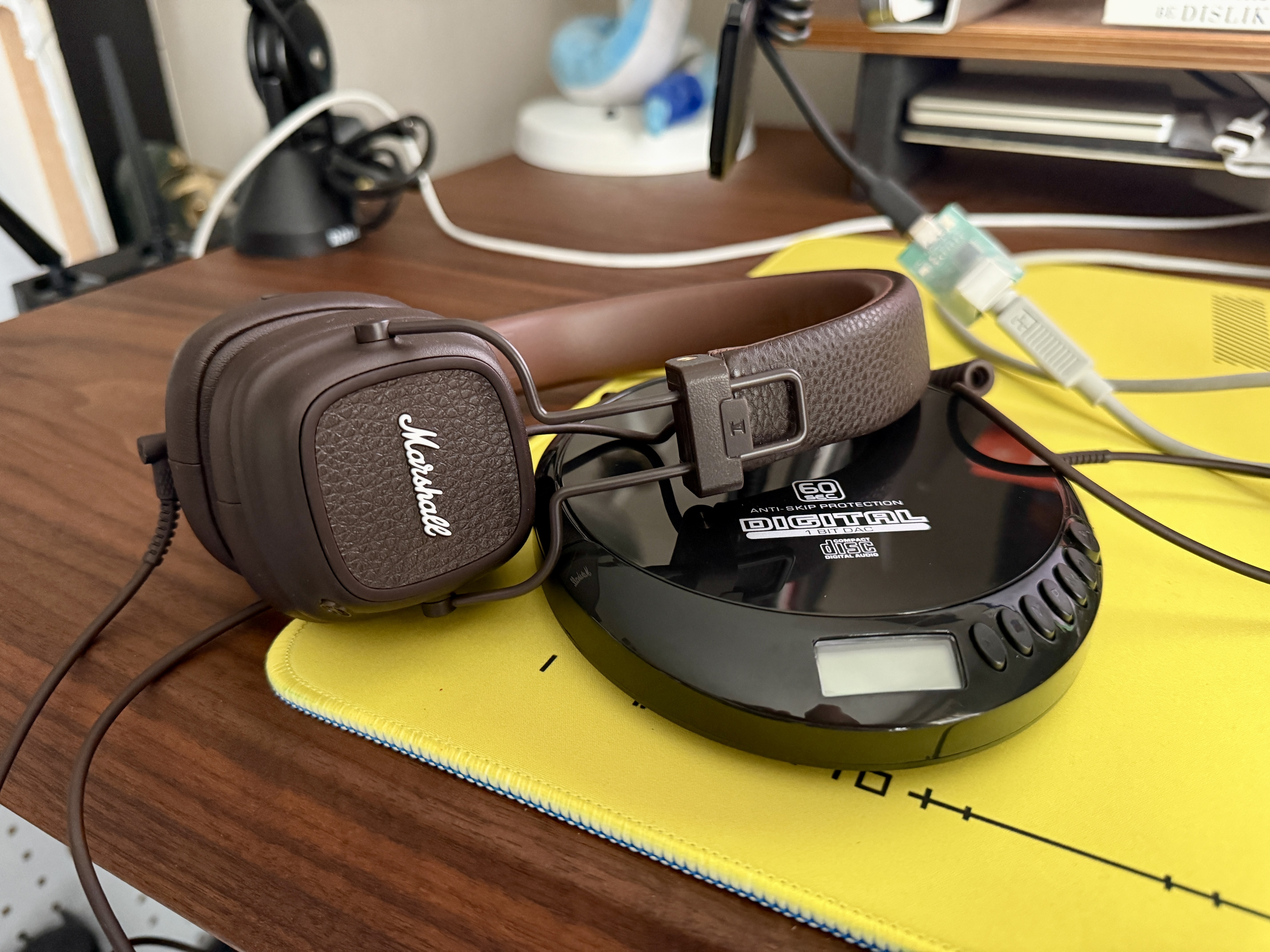 Coby CD player and Marshall headphones